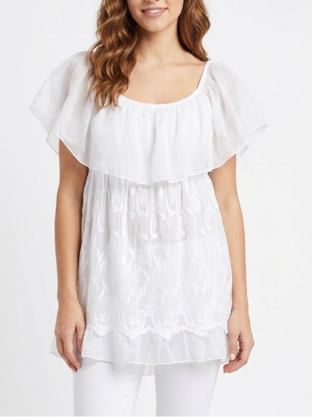 White Ruffle Peasant Tunic Dress - Picture 13 of 13